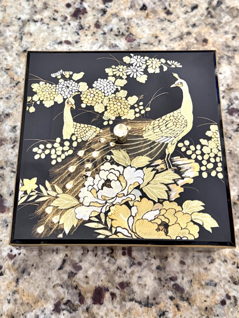 Vintage Otagiri Japan Black & Gold Lacquerware Peacock Peony Lidded Trinket Box
